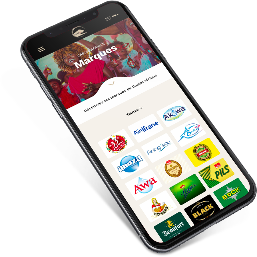 Version mobile de Castel Afrique présentant les marques du groupe