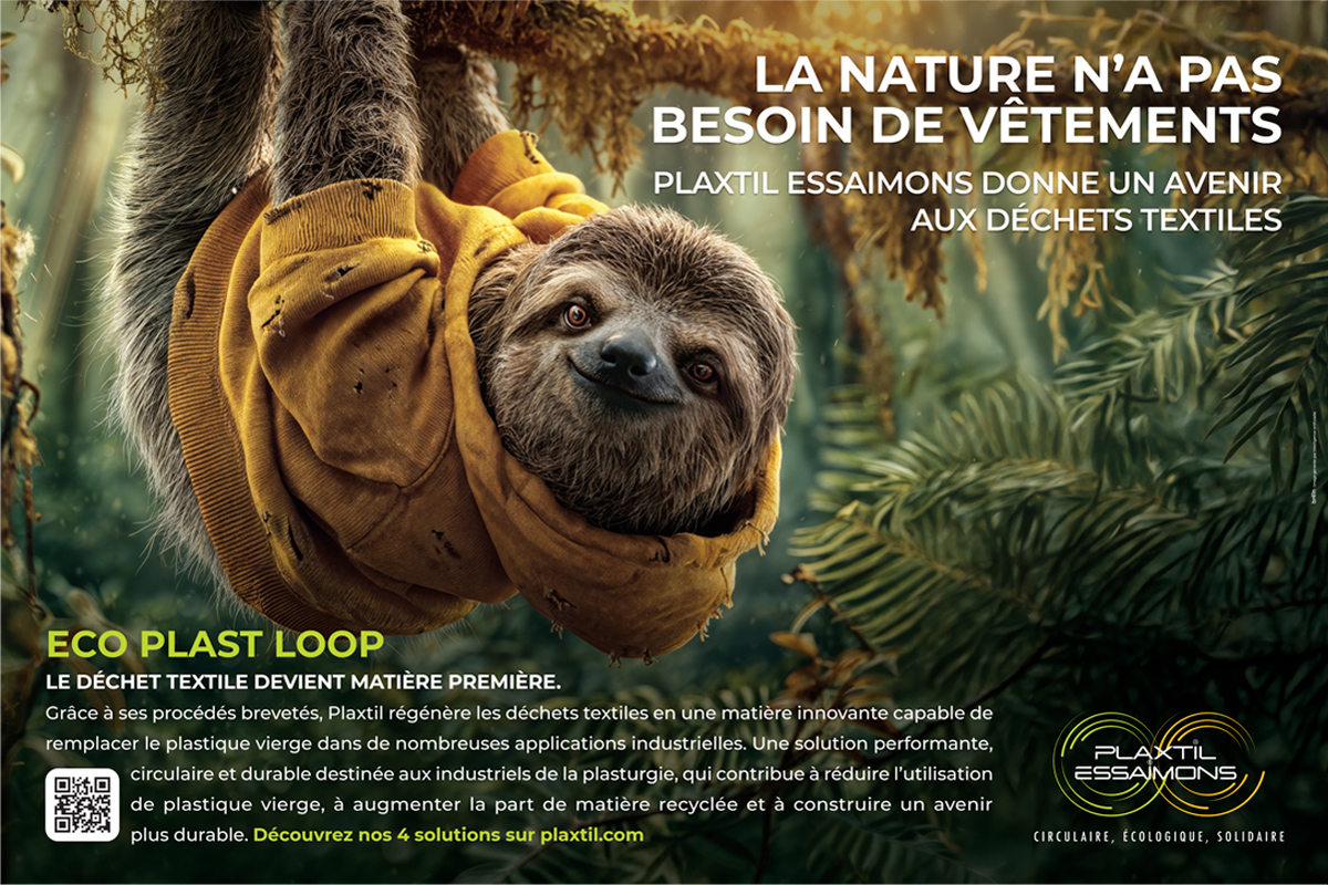 Plaxtil Essaimons — campagne Eco Plast Loop avec paresseux